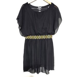 Rock 47 by Wrangler Black Chiffon Dress Sz L Embroidered Aztec Western Boho